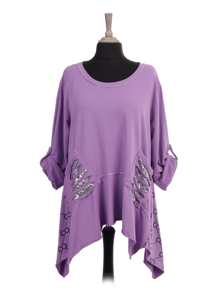 Italian Glittery Trim Tunic Top With Sequin Pockets