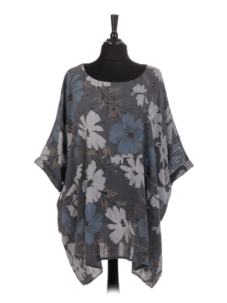 Italian Linen Floral print Batwing Top With Pockets