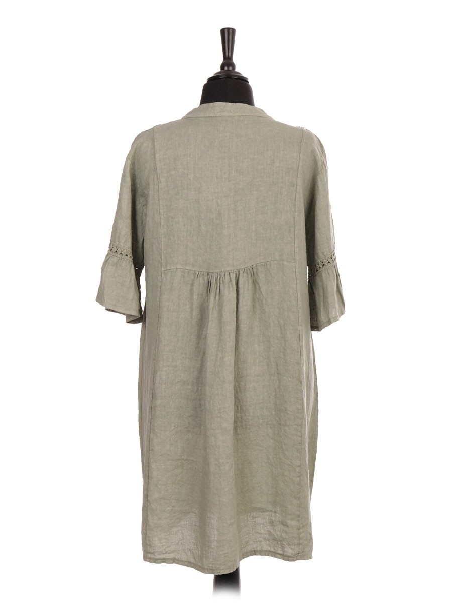 Italian V-neck Linen Dress With Crochet Detail And Flared Sleeves