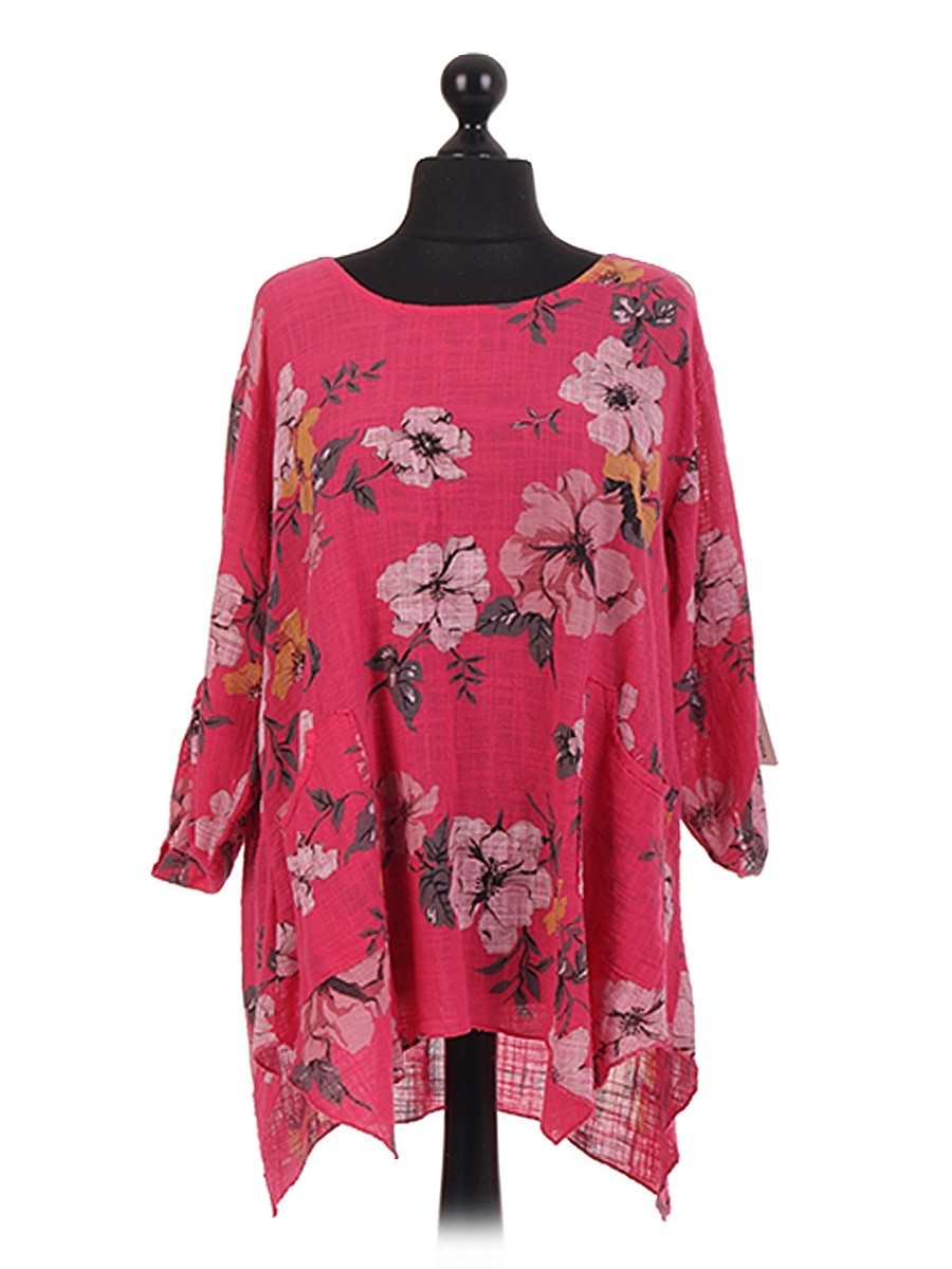 Made in Italy clothing, Italian Floral Asymmetrical Hem Oversized Tunic Top