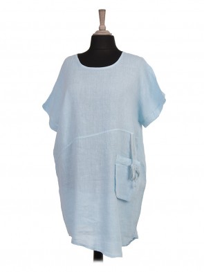 Italian Asymmetric Hem Front Pocket Linen Dress