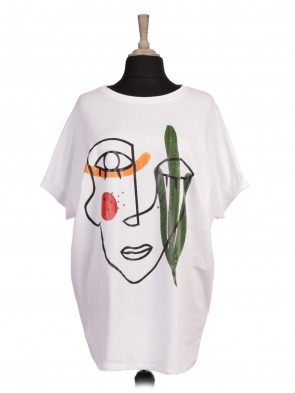 Italian Abstract Face Print Batwing Top