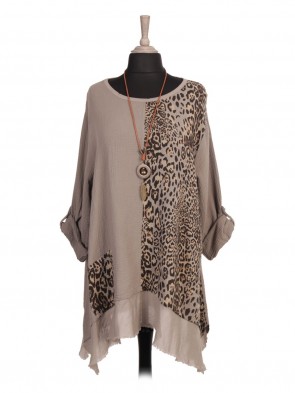 Italian Animal Print Panel Tunic Top With Necklace