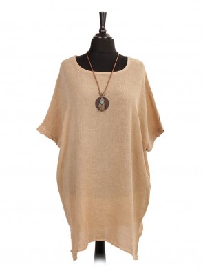 Italian Cold Dye Linen Batwing Dress with Necklace