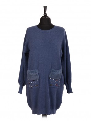 Italian Jumper With Faux Fur And Pearl Detail Front Pockets