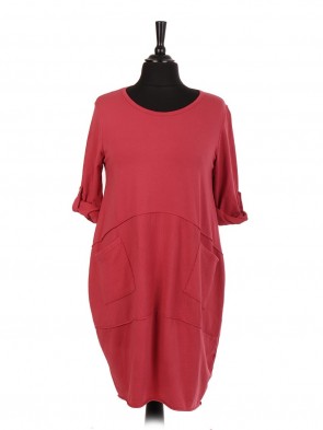 Italian Cotton Lagenlook Dress With Front Ribbed Panel And Pockets