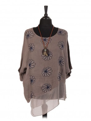 Italian Linen Embroidered Asymmetrical Hem Top with Necklace