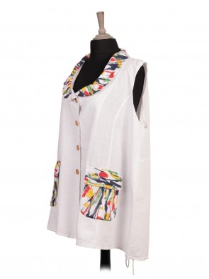 Italian Printed Collar Linen Jacket With Front Pockets