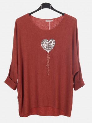 Italian Sequin Heart Detail Batwing Knitted Top