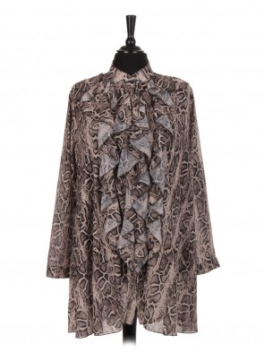 Italian Snake Skin Print Ruffle Blouse With Front Button Fastening