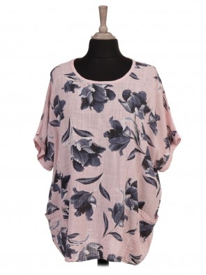 Italian Tulip Print Lace Trim Batwing Top with Front pockets