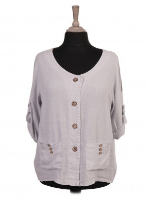 Italian Turn-up Sleeves Front Button Panel Linen Top