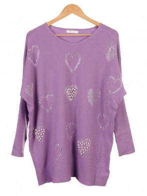 Pearl And Diamante Hearts Detail Ribbed Knitted Jumper